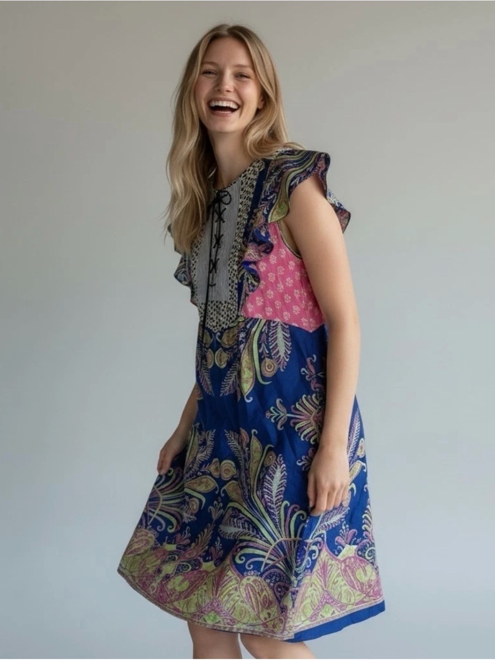 J. CREW Collection Dress Silk Floral Mixed Pattern Blue Pink Lace Up Size 10